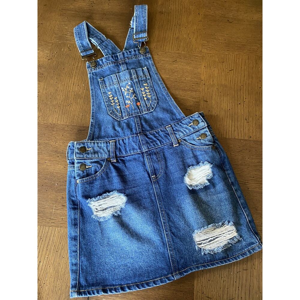 BLUE SPICE Dark Wash Ripped/Distressed Denim Overall Jumper Short Dress Sz 3